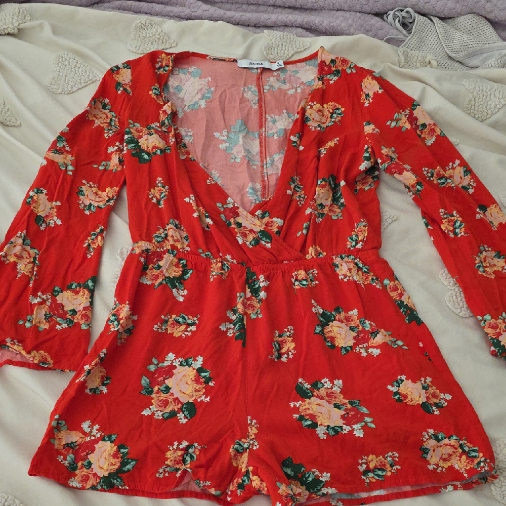 JUSTEAB Red Floral Wrap Romper